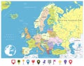 Europe Political Map and Flat Pin Icons Royalty Free Stock Photo