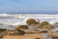 Europe, Portugal. Alcozelo. Breaking waves at the Praia da Mriamar, Miramar Beach