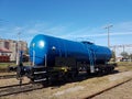 Europe region. Poland country. Jaslo city. Blue railroad tank. Transpotation technology. Petrol or oil tank on a station