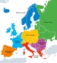 Europe regions, political map, with single countries