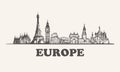 Europe skyline vintage vector illustration, hand drawn buildings Royalty Free Stock Photo