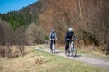 EUROPE - Slovakia, 25. May 2020: Couple with Masks on their Faces Riding Bikes