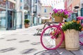 Europe street  bicycles close shops flowers  - up day Sunny Royalty Free Stock Photo