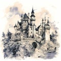 Europe style castle in rough hand drawn style