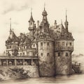 Europe style castle in rough hand drawn style