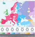 Europe time zones high detailed map with location and clock icons.