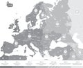 Europe time zones map in grey scales with location and clock icons.