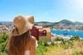 Europe travel woman looking at Dubrovnik town from viewpoint, Croatia, Europe