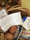 Wicker basket with grocries and customer checkout receipt