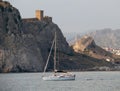 Europe. Ukrainian riviera. Crimea. Region of Sudak seaside city. Yachting near coastline of Black sea. Beautiful seascapes view wi