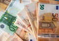 Europe Union currency banknotes background. Royalty Free Stock Photo