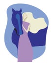 An albino or european blonde young woman or girl and horse, a flat vector stock illustration as a concept of love for nature