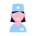 European American Doctor icon in uniform with badge. Therapist. Hospital nurse. Flat style female on white background
