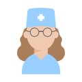 European American Doctor icon in uniform and glasses. Therapist. Hospital nurse. Flat style female on white background