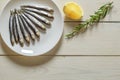 European anchovy, hamsa fresh, several small fish laid out on  plate, rosemary, lemon, on white wooden board background, top view Royalty Free Stock Photo