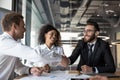 European and arabian businessmen shake hands finishing successful negotiations Royalty Free Stock Photo