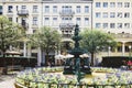 European architecture and fountain in city park in Zurich, Switzerland