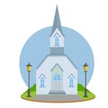 Blue Catholic Church with a spire and a cross. Royalty Free Stock Photo