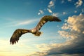 European Bald Eagle flies in front of blue yellow sky. Flying bird of prey during a hunt. Outstretched wings in search Royalty Free Stock Photo