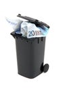 European bank notes in black rubbish bin Royalty Free Stock Photo