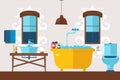 European bathroom design wash basin, toilet, bath vector illustration. Face and body hygiene, morning procedures. Flat