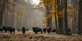 European bison herd in autumn forest at Bialowieza National Park Poland with yellow leaves and Royalty Free Stock Photo