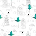 European black and white houses seamless pattern. Vector linear illustration on white background for paper and wallpaper