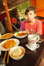 European boy in asian cafe in vietnam