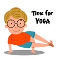 A European boy is standing on two hands, holding a balance. The child is engaged in sports. Time for yoga Royalty Free Stock Photo