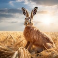 Ai Generated illustration Wildlife Concept of European brown hare on agricultural field in summer Royalty Free Stock Photo