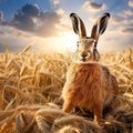 Ai Generated illustration Wildlife Concept of European brown hare on agricultural field in summer Royalty Free Stock Photo