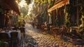 European caf scene with patrons on cobblestone street, photorealistic late afternoon setting Royalty Free Stock Photo