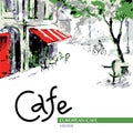 European cafe, graphic drawing in color