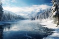 A European Carpathian masterpiece pines, snowy hills, and a blue, cracked frozen lake under falling snow