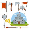 Medieval set of item. Cartoon flat illustration. Old armor and knight weapons Royalty Free Stock Photo