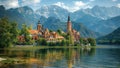 European cathedral on countryside, locates on lake with beautiful mountains panorama at the background Royalty Free Stock Photo