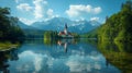 European cathedral on countryside, locates on lake with beautiful mountains panorama at the background Royalty Free Stock Photo