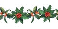 European Christmas berry holly branches leaves and fruit horizontal seamless border. Floral branch red xmas winter new Royalty Free Stock Photo