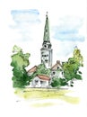 European church architecture. Gothic temple.Catholic church. Watercolor drawing illustration