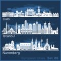European cities - Oslo, Istanbul, Nuremberg. Detailed architecture.