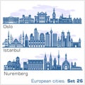 European cities - Oslo, Istanbul, Nuremberg. Detailed architecture.