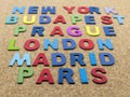 European cities written with wooden letters