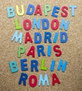 European cities written with wooden letters