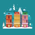 European city house. Urban scene landscape in winter season. Christmas time. Vector cartoon illustration. Flat style Royalty Free Stock Photo