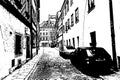 European city. Old town narrow street with parked cars. Vintage hand drawn sketch Royalty Free Stock Photo