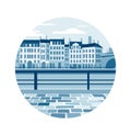 European cityscape with buildings facing a river, bridge in the background. Monochromatic blue color scheme vector