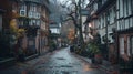 European cityscape featuring dark toned european house architecture and charming street scenes