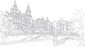Sketch of Historic European Cityscape with Bridge and River Royalty Free Stock Photo