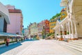 Karlovy Vary, colorful buildings and street in Czech