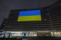 European Commission, with the Ukrainian flag projected on the facade in solidarity with Ukraine Royalty Free Stock Photo